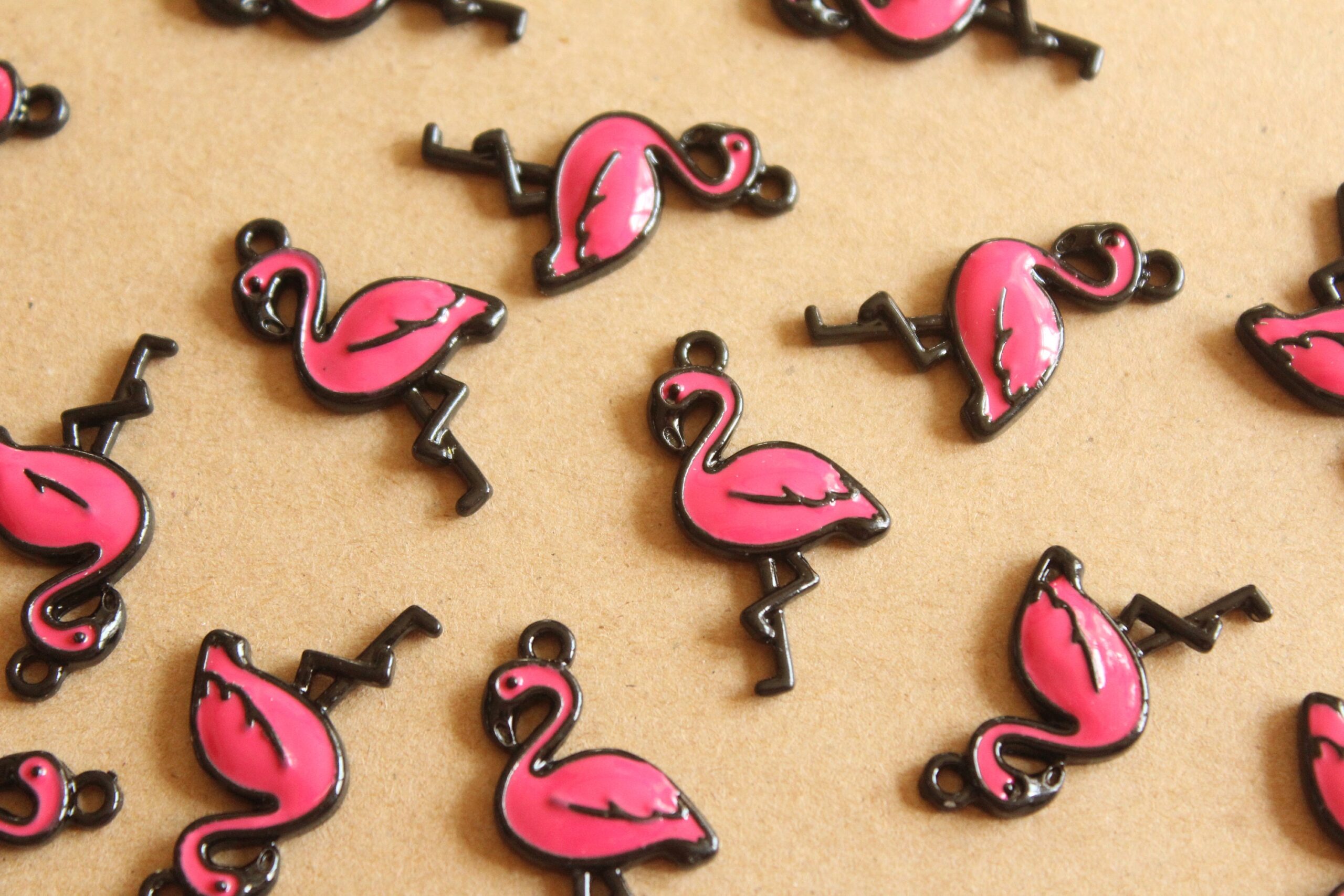 10 pc. Hot Pink and Black Enameled Flamingo Charms, 29.5mm x 16mm | MIS-166