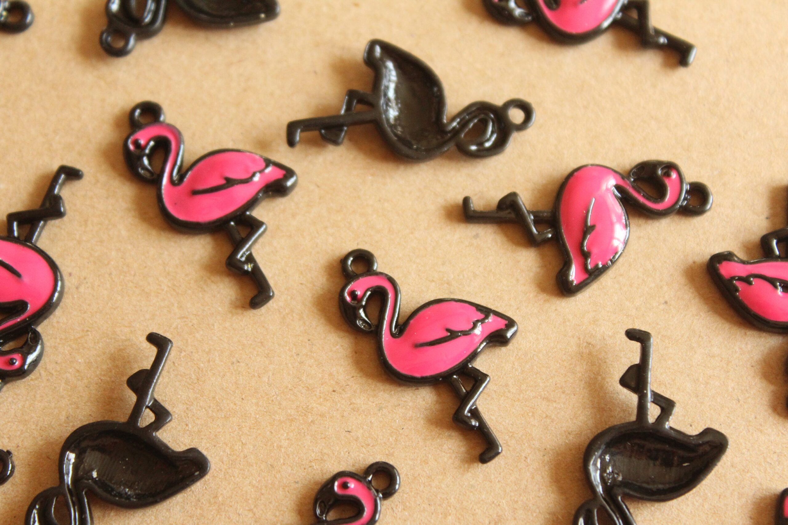 10 pc. Hot Pink and Black Enameled Flamingo Charms, 29.5mm x 16mm | MIS-166