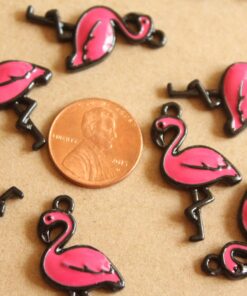 10 pc. Hot Pink and Black Enameled Flamingo Charms, 29.5mm x 16mm | MIS-166