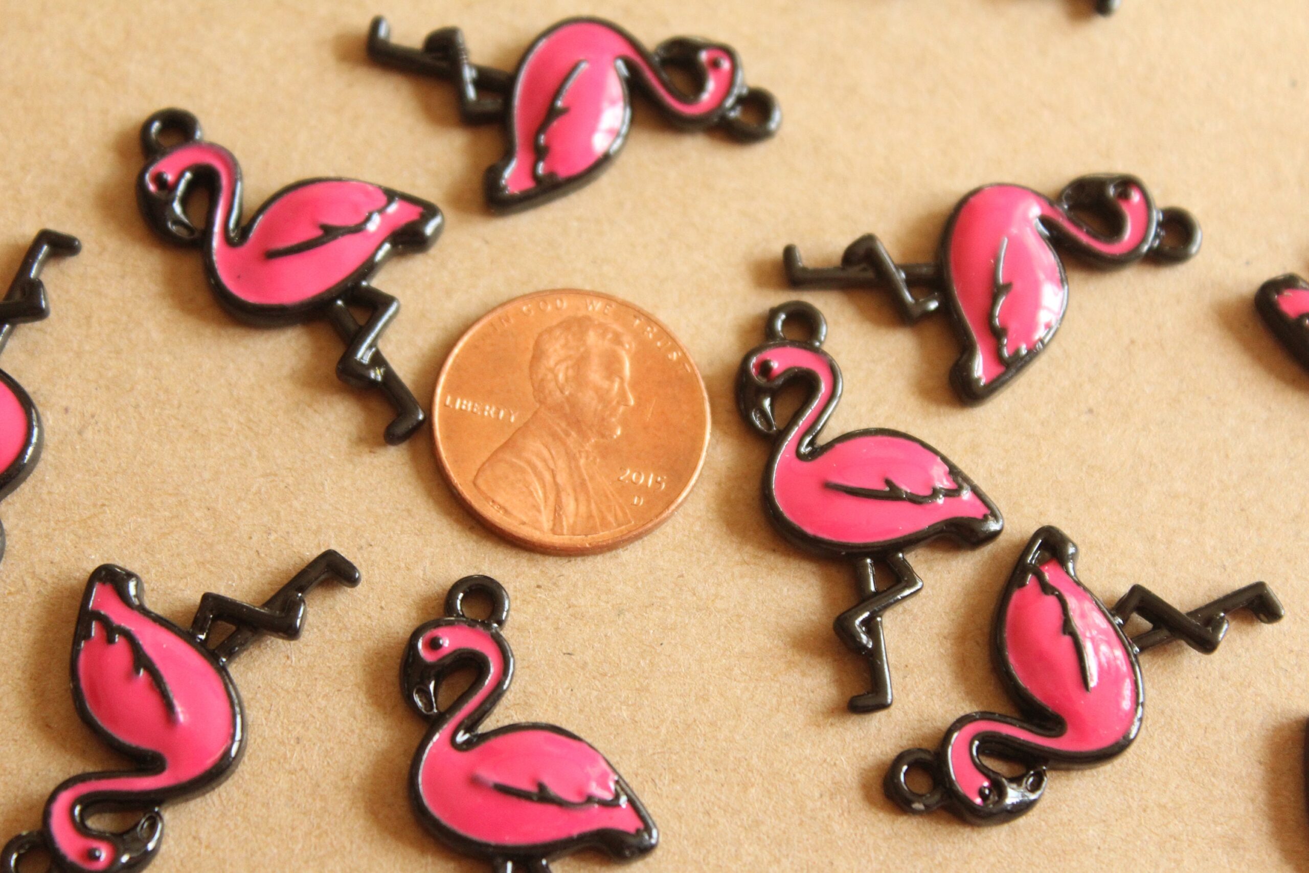 10 pc. Hot Pink and Black Enameled Flamingo Charms, 29.5mm x 16mm | MIS-166
