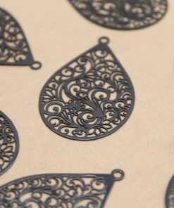 6 pc. Black Painted Stainless Steel Filigree Teardrop Charms, Floral Cutouts, 45mm x 28mm | MIS-192*