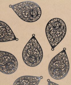 6 pc. Black Painted Stainless Steel Filigree Teardrop Charms, Floral Cutouts, 45mm x 28mm | MIS-192*