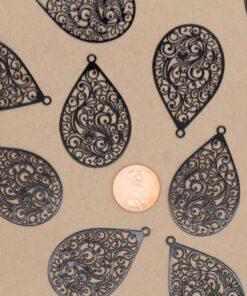 6 pc. Black Painted Stainless Steel Filigree Teardrop Charms, Floral Cutouts, 45mm x 28mm | MIS-192*