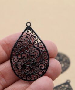 6 pc. Black Painted Stainless Steel Filigree Teardrop Charms, Floral Cutouts, 45mm x 28mm | MIS-192*
