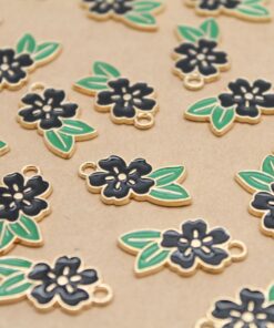 12 pc. Black and Gold Enameled Flower and Leaf Charms, 24.5mm x 14.5mm | MIS-207**