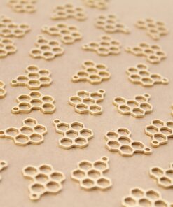 3 pc. Honeycomb Charms, 18K Gold Plated Brass Pendants, Bee Beehive, Honeybee, Honey Comb | MIS-256**