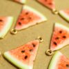 5 pc. Watermelon Enameled Charms, 25mm x 20mm, Fruit Pendant, Gold Fruity Melon Summer Spring Treat Slice Sliced Nickel Free | MIS-226