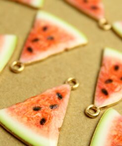 5 pc. Watermelon Enameled Charms, 25mm x 20mm, Fruit Pendant, Gold Fruity Melon Summer Spring Treat Slice Sliced Nickel Free | MIS-226