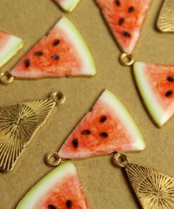 5 pc. Watermelon Enameled Charms, 25mm x 20mm, Fruit Pendant, Gold Fruity Melon Summer Spring Treat Slice Sliced Nickel Free | MIS-226