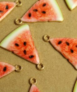 5 pc. Watermelon Enameled Charms, 25mm x 20mm, Fruit Pendant, Gold Fruity Melon Summer Spring Treat Slice Sliced Nickel Free | MIS-226