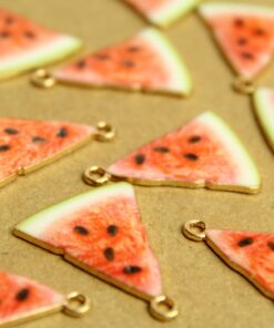 5 pc. Watermelon Enameled Charms, 25mm x 20mm, Fruit Pendant, Gold Fruity Melon Summer Spring Treat Slice Sliced Nickel Free | MIS-226