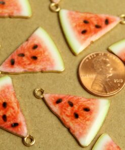 5 pc. Watermelon Enameled Charms, 25mm x 20mm, Fruit Pendant, Gold Fruity Melon Summer Spring Treat Slice Sliced Nickel Free | MIS-226