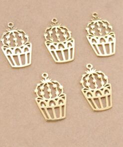 2 pc. Gold Plated Potted Cactus Charms, Stainless Steel, 30mm x 17.5mm | MIS-281*