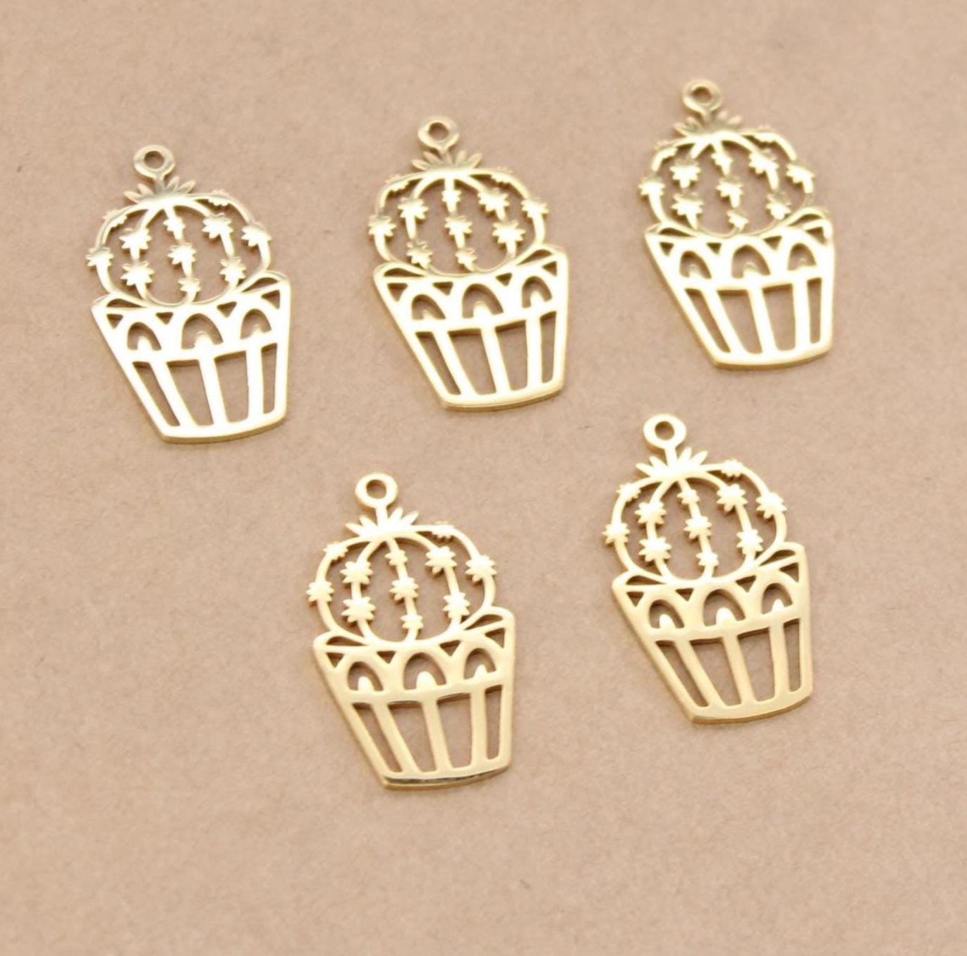 2 pc. Gold Plated Potted Cactus Charms, Stainless Steel, 30mm x 17.5mm | MIS-281*