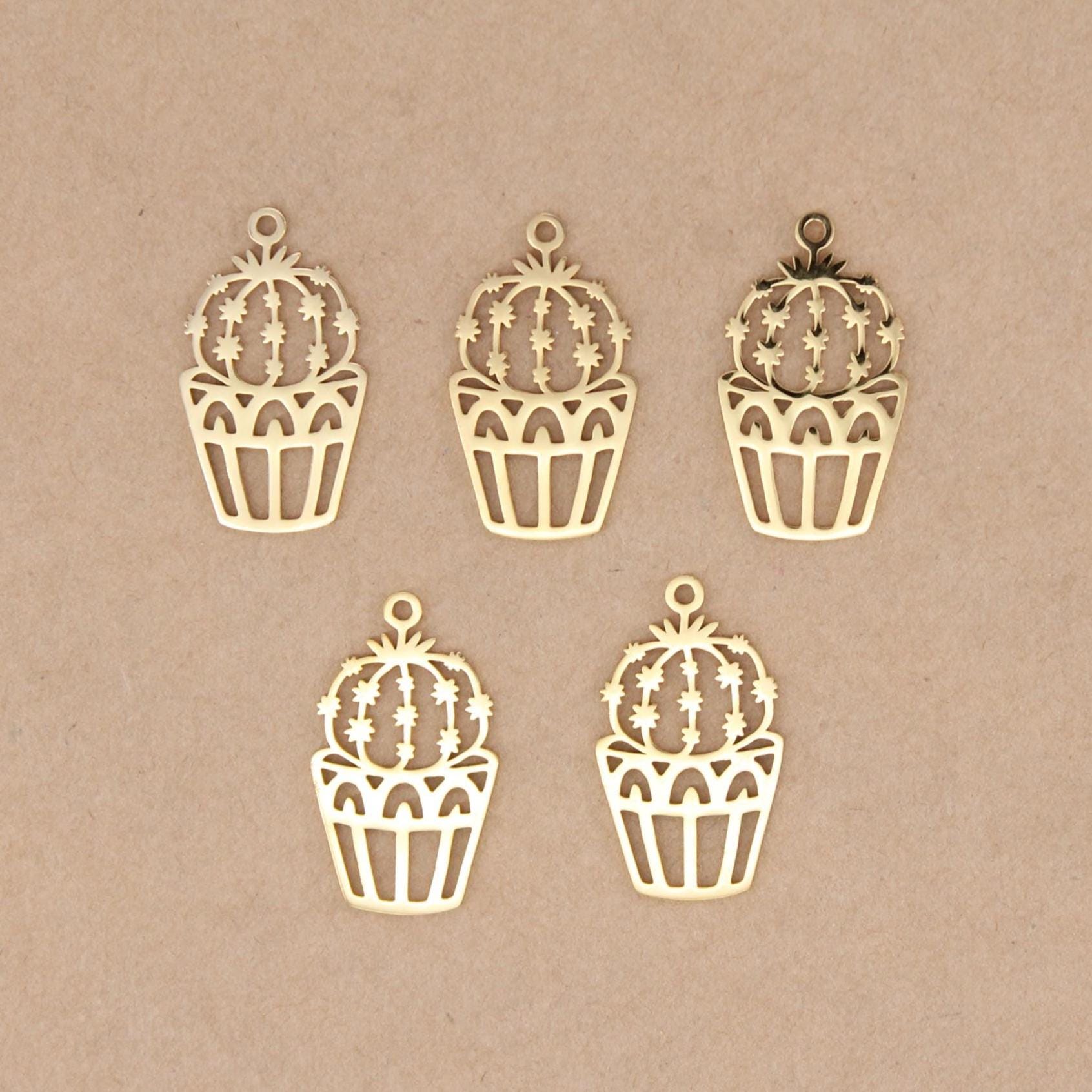 2 pc. Gold Plated Potted Cactus Charms, Stainless Steel, 30mm x 17.5mm | MIS-281*