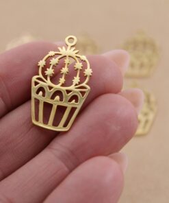 2 pc. Gold Plated Potted Cactus Charms, Stainless Steel, 30mm x 17.5mm | MIS-281*