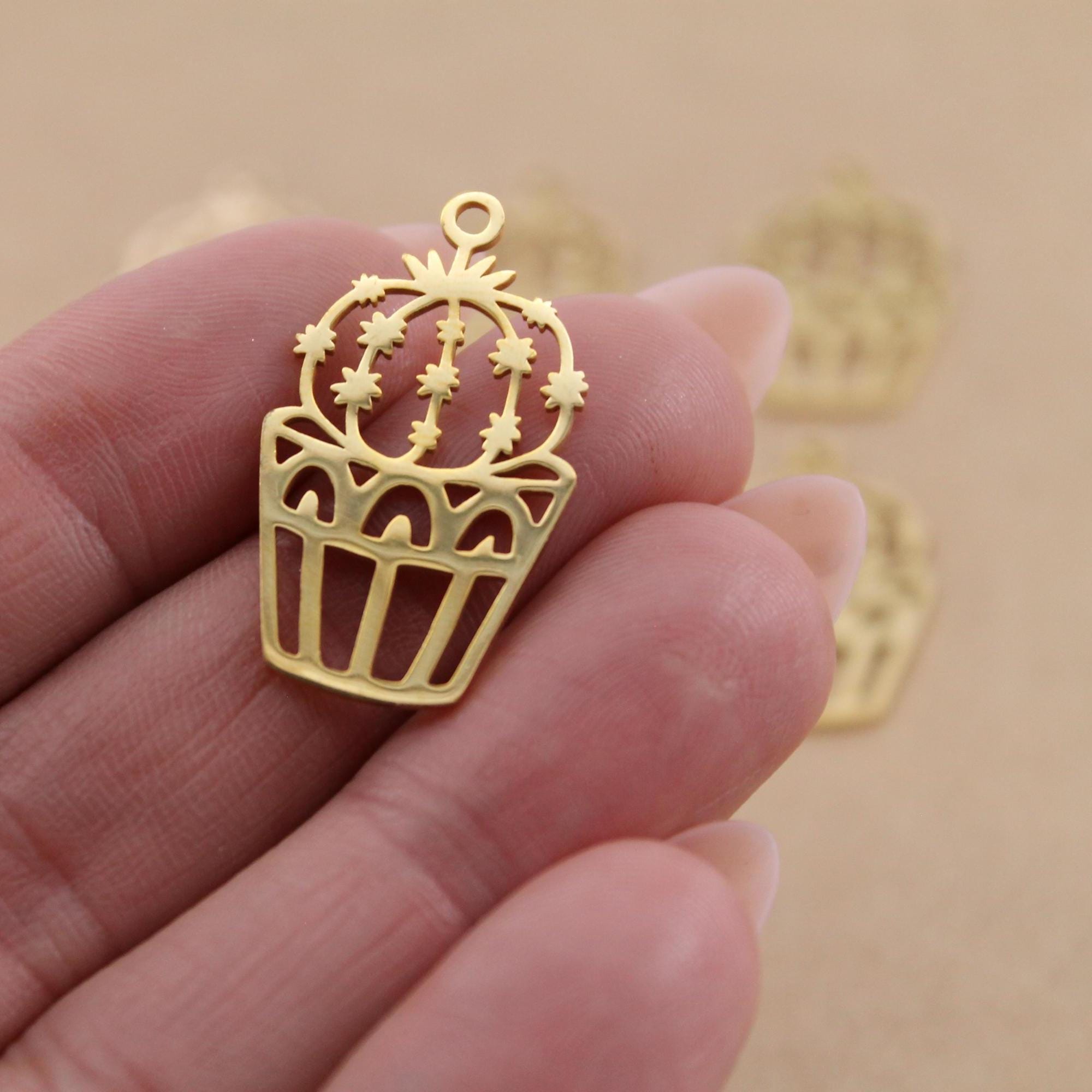 2 pc. Gold Plated Potted Cactus Charms, Stainless Steel, 30mm x 17.5mm | MIS-281*