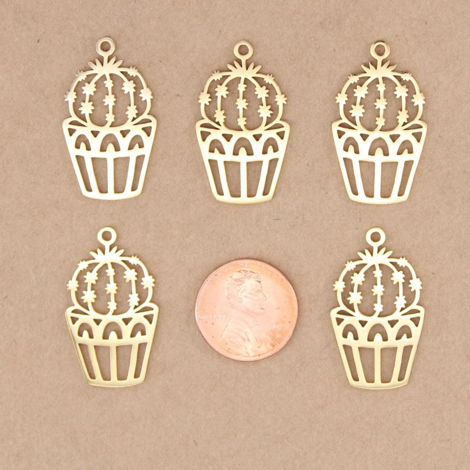 2 pc. Gold Plated Potted Cactus Charms, Stainless Steel, 30mm x 17.5mm | MIS-281*
