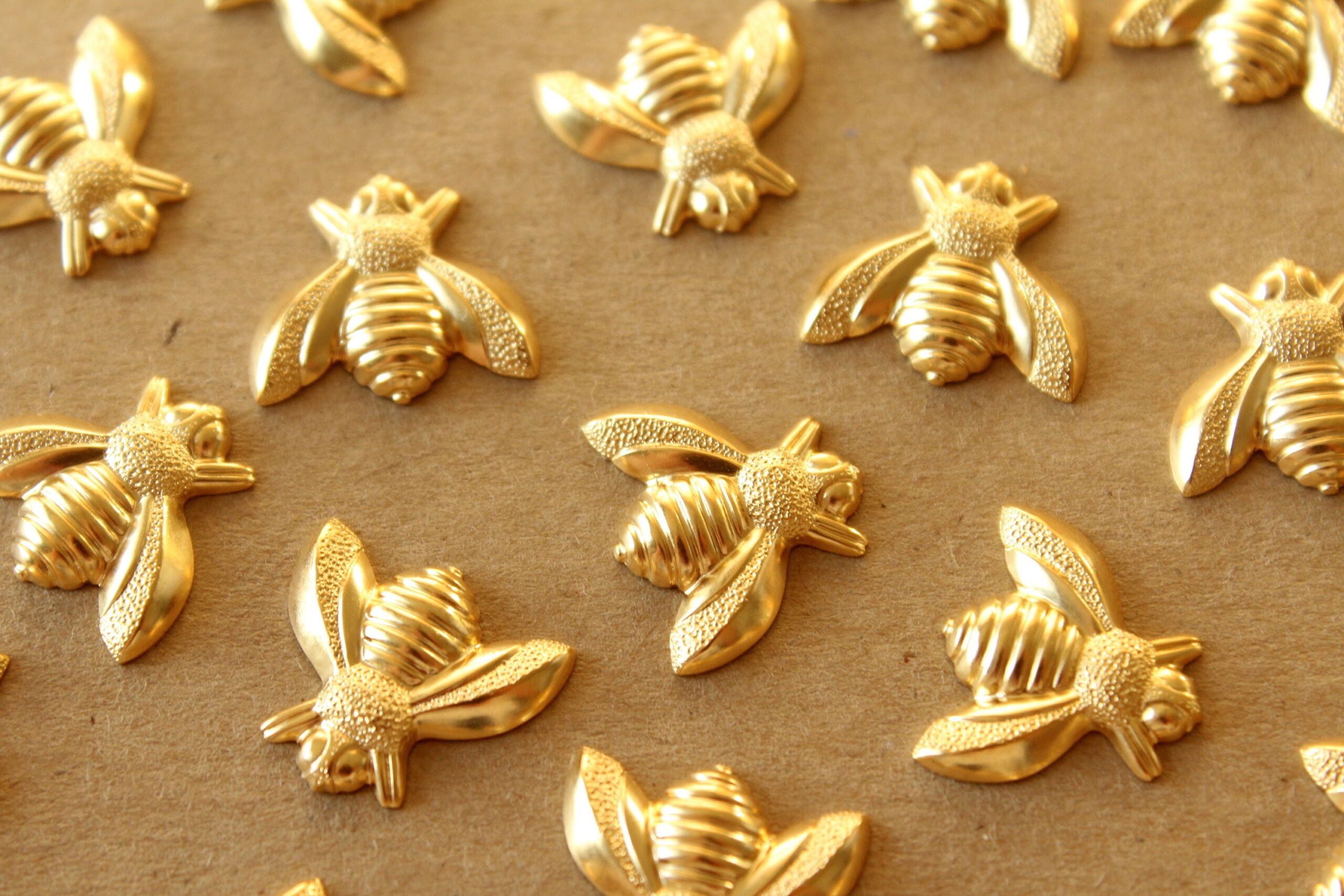 6 pc. Large Gold Plated Brass Bees: 17mm by 15mm - made in USA | GLD-188