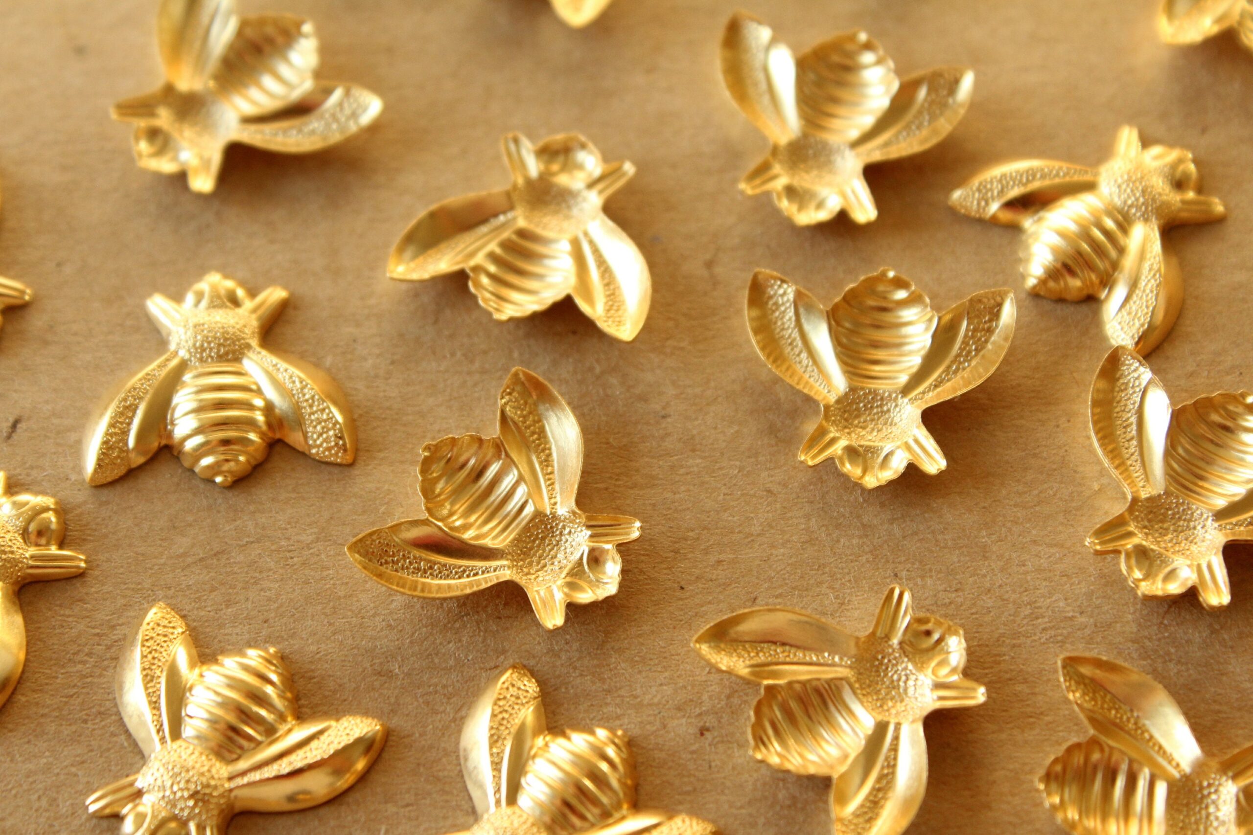 6 pc. Large Gold Plated Brass Bees: 17mm by 15mm - made in USA | GLD-188