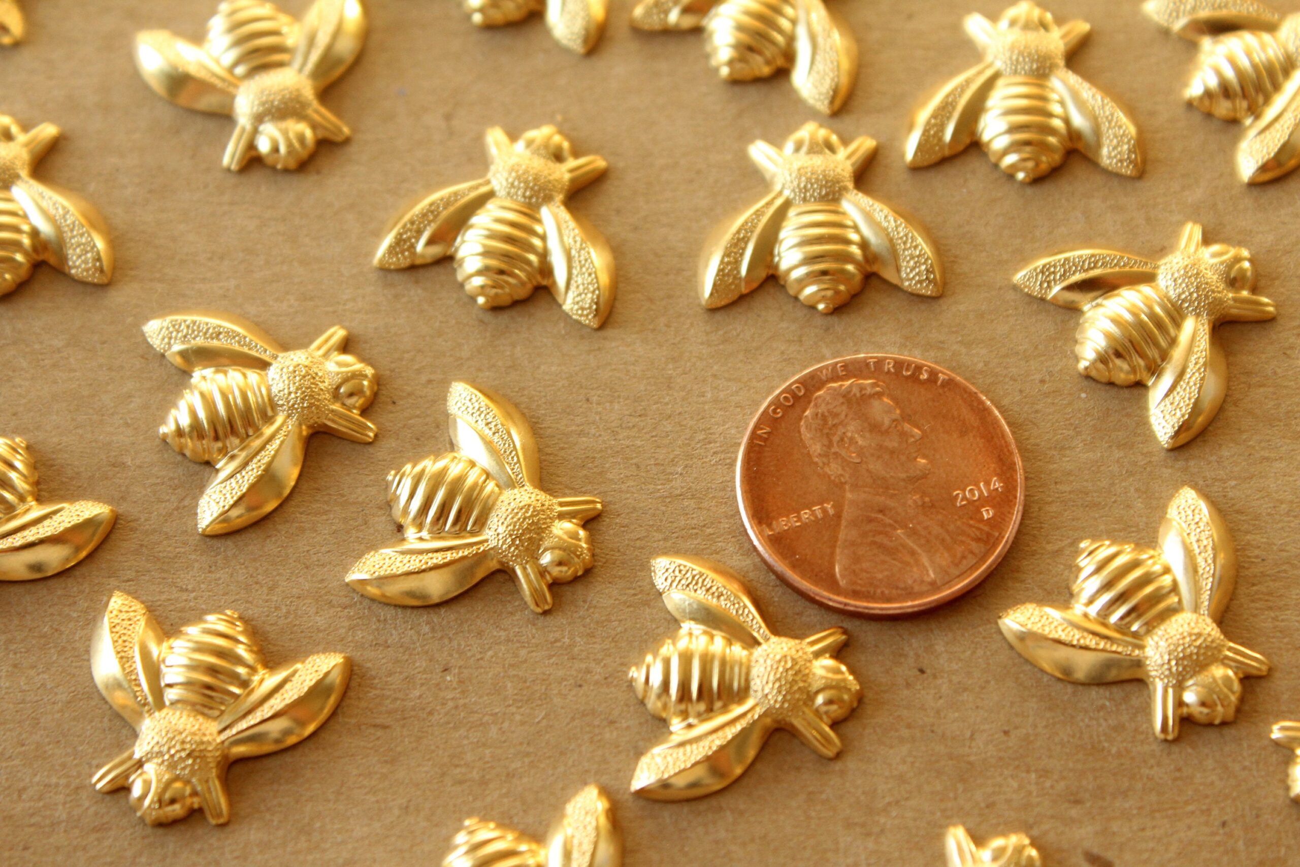 6 pc. Large Gold Plated Brass Bees: 17mm by 15mm - made in USA | GLD-188