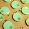 6 pc. Enameled Mint Green and Gold Snowflake Glitter Globe Charms, 21.5mm by 17.5mm | TMP-015