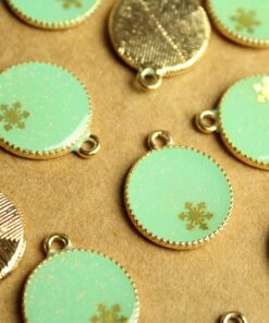 6 pc. Enameled Mint Green and Gold Snowflake Glitter Globe Charms, 21.5mm by 17.5mm | TMP-015