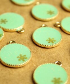 6 pc. Enameled Mint Green and Gold Snowflake Glitter Globe Charms, 21.5mm by 17.5mm | TMP-015