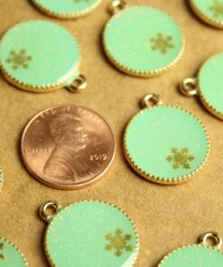6 pc. Enameled Mint Green and Gold Snowflake Glitter Globe Charms, 21.5mm by 17.5mm | TMP-015