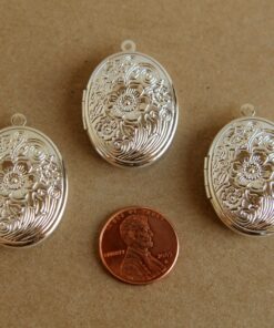 3 pc. Silver Etched Floral Oval Lockets 24mm x 34mm - LOC-012