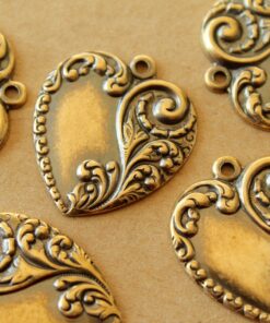 2 pc. Antique Brass Plated Scrolled Heart Charms: 24mm by 28mm - made in USA | AB-115*