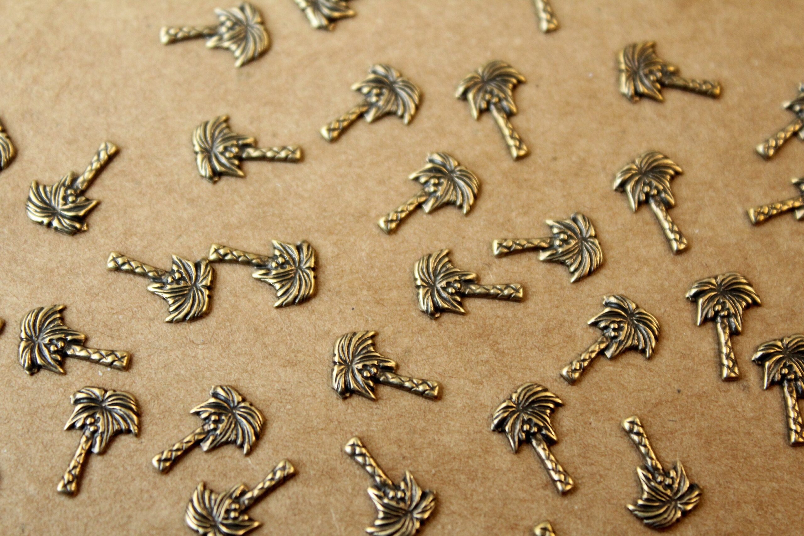 8 pc. Tiny Antique Brass Plated Palm Tree Stampings: 10mm by 7mm - made in USA coconut tree vacation paradise island holiday | AB-101