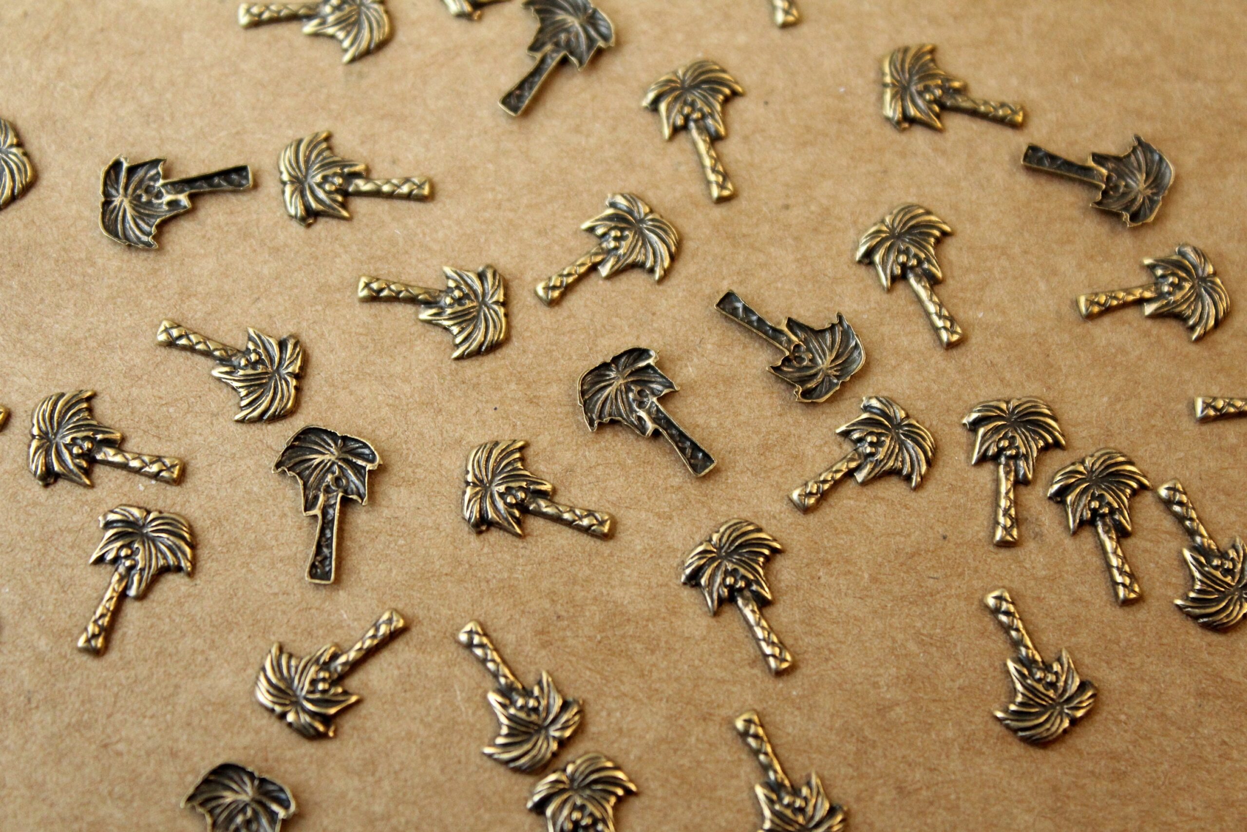 8 pc. Tiny Antique Brass Plated Palm Tree Stampings: 10mm by 7mm - made in USA coconut tree vacation paradise island holiday | AB-101