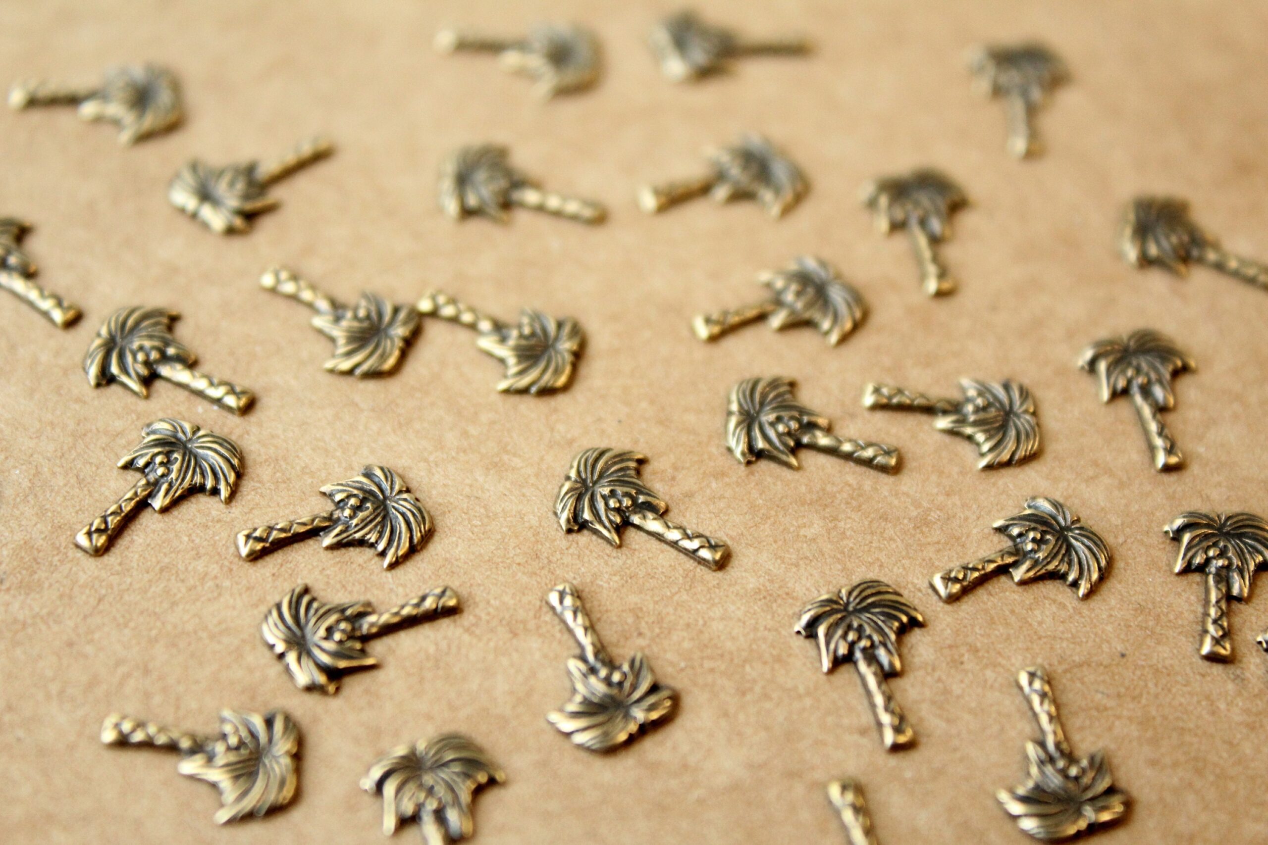 8 pc. Tiny Antique Brass Plated Palm Tree Stampings: 10mm by 7mm - made in USA coconut tree vacation paradise island holiday | AB-101