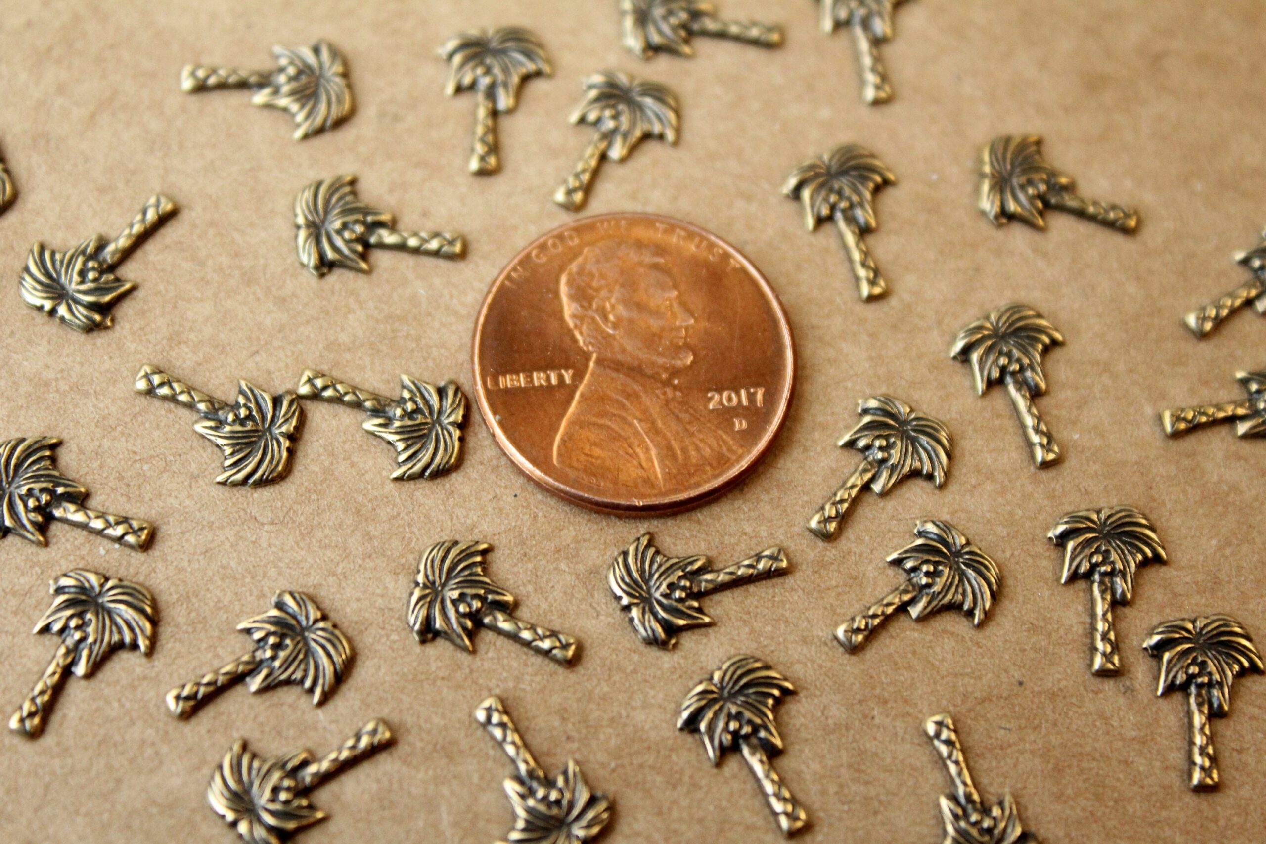 8 pc. Tiny Antique Brass Plated Palm Tree Stampings: 10mm by 7mm - made in USA coconut tree vacation paradise island holiday | AB-101