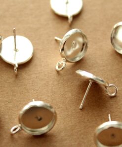 10 pc. 10mm Ear Post Blank Cabochon Setting with Loop, Bright Silver Plated, Nickel Free | FI-501