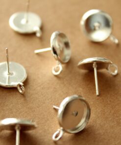 10 pc. 10mm Ear Post Blank Cabochon Setting with Loop, Bright Silver Plated, Nickel Free | FI-501