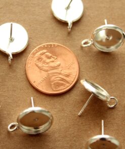 10 pc. 10mm Ear Post Blank Cabochon Setting with Loop, Bright Silver Plated, Nickel Free | FI-501