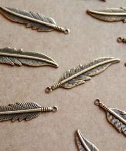 8 pc. Antique Brass Plated Feathers: 34mm by 8.5mm - made in USA | AB-079