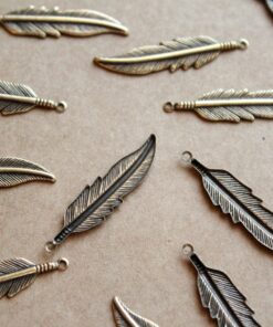 8 pc. Antique Brass Plated Feathers: 34mm by 8.5mm - made in USA | AB-079