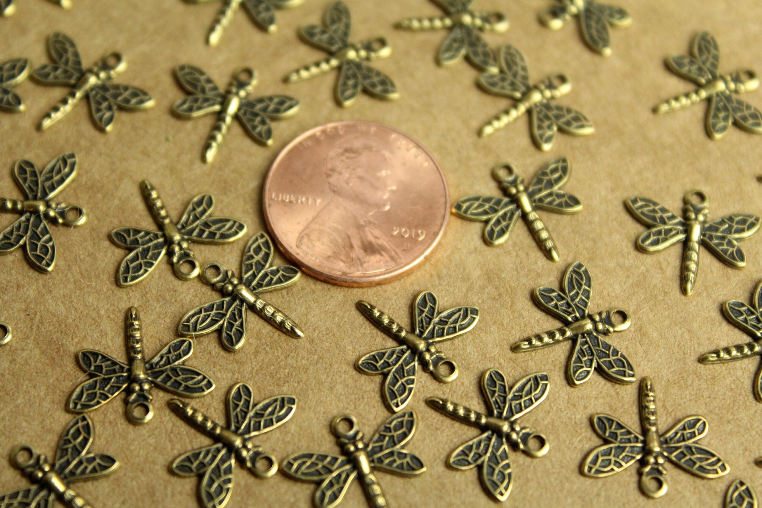 16 pc. Small Antique Brass Plated Detailed Dragonfly Charms: 14mm by 13mm - made in USA | AB-205