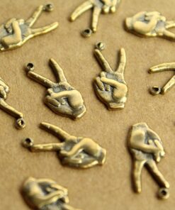 2 pc. Antique Brass Plated Peace Symbol Charms - Hand Sign for Peace : 7mm by 16mm - made in USA | AB-218