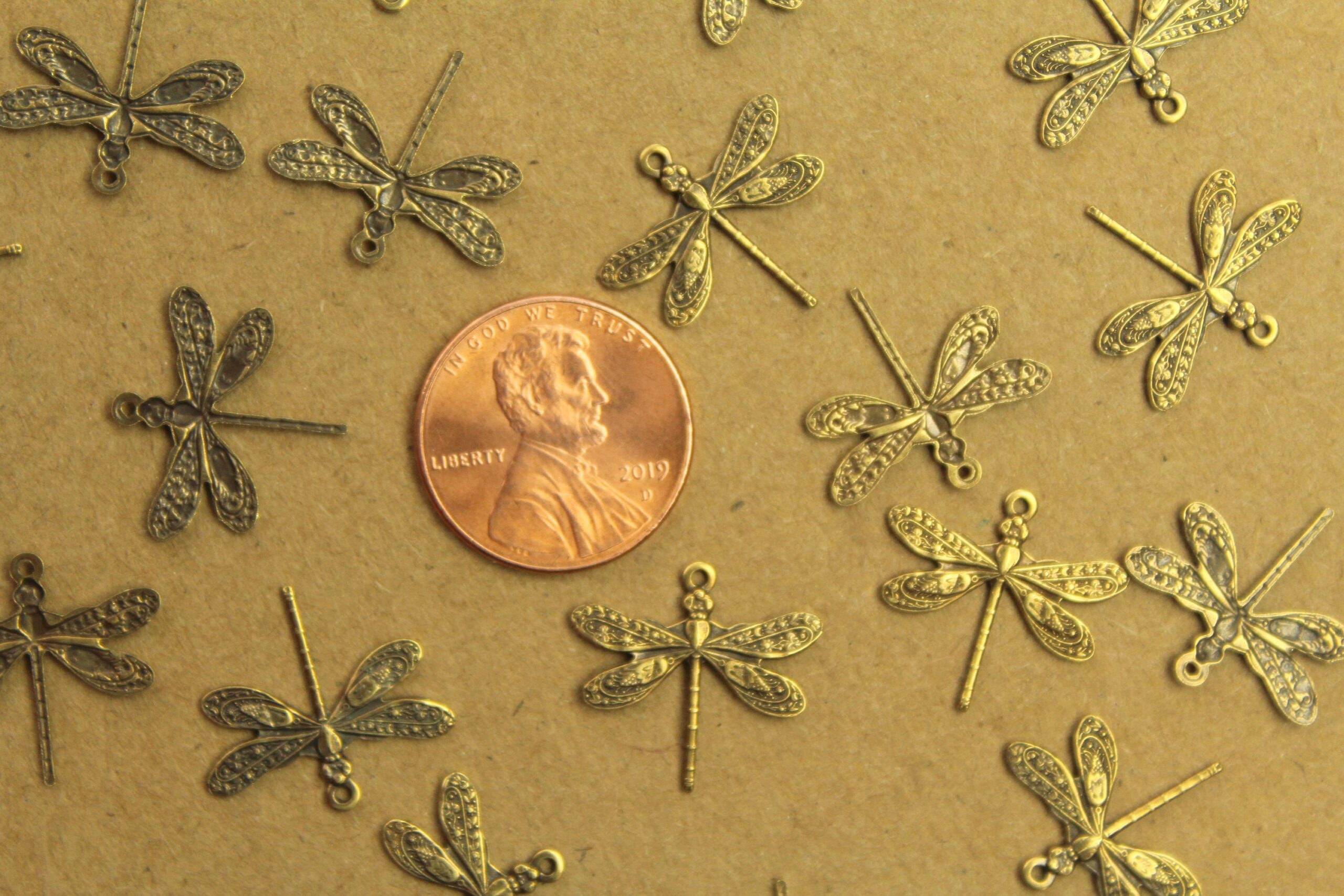 4 pc. Antique Brass Plated Dragonflies: 16mm by 17mm - made in USA | AB-267
