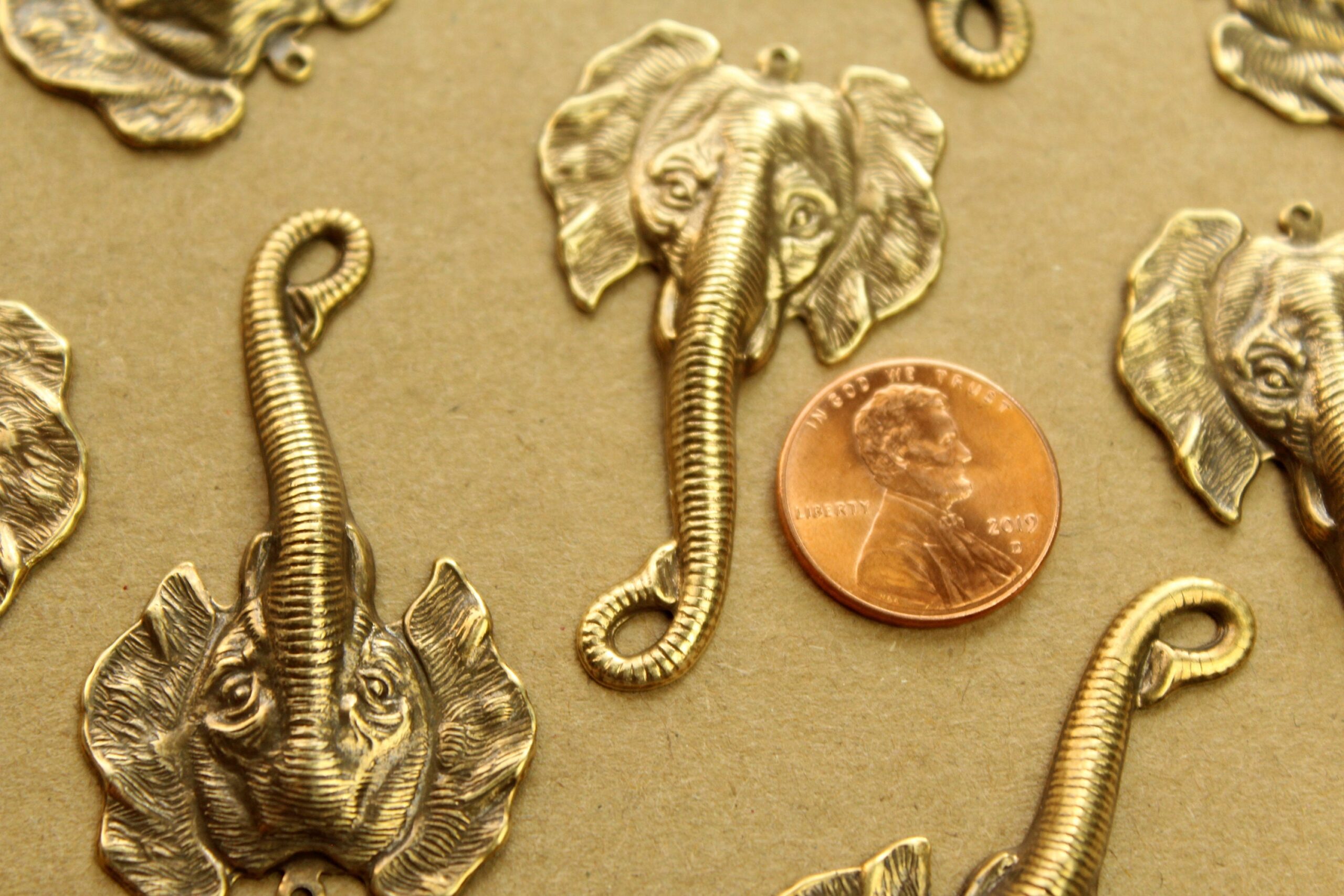 2 pc. Antique Brass Plated Elephant Head Charms: 49mm by 29mm - made in USA | AB-290