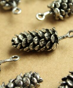 3 pc. Jumbo Antique Silver Pine Cone Charms, 39mm by 15mm, Large Pinecone Realistic Tree Seed Evergreen Woodland Heavy Antiqued | MIS-223