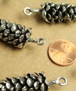 3 pc. Jumbo Antique Silver Pine Cone Charms, 39mm by 15mm, Large Pinecone Realistic Tree Seed Evergreen Woodland Heavy Antiqued | MIS-223