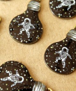 6 pc. Enameled Astronaut in Space in a Lightbulb Charms, Black, White, and Gold, 27mm x 16.5mm | MIS-394