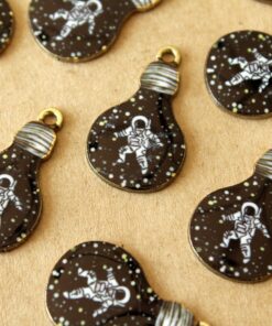 6 pc. Enameled Astronaut in Space in a Lightbulb Charms, Black, White, and Gold, 27mm x 16.5mm | MIS-394