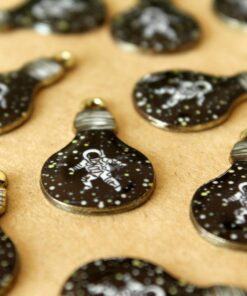 6 pc. Enameled Astronaut in Space in a Lightbulb Charms, Black, White, and Gold, 27mm x 16.5mm | MIS-394