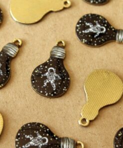6 pc. Enameled Astronaut in Space in a Lightbulb Charms, Black, White, and Gold, 27mm x 16.5mm | MIS-394